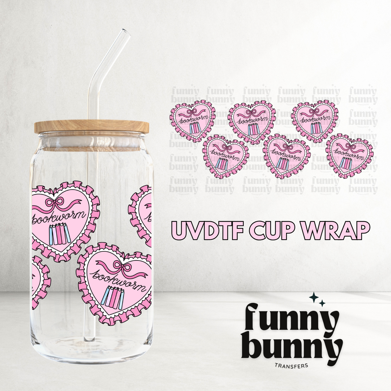 Bookworm Pink Hearts - 16oz UVDTF Cup Wrap