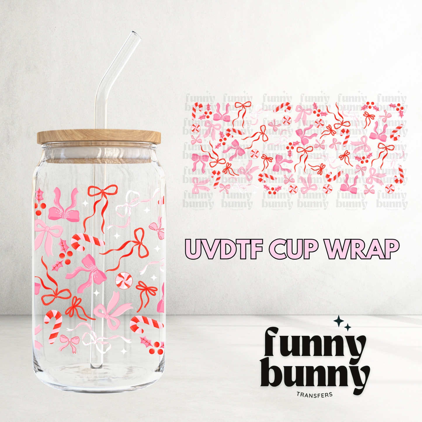 Candy Cane Bows - 16oz UVDTF Cup Wrap