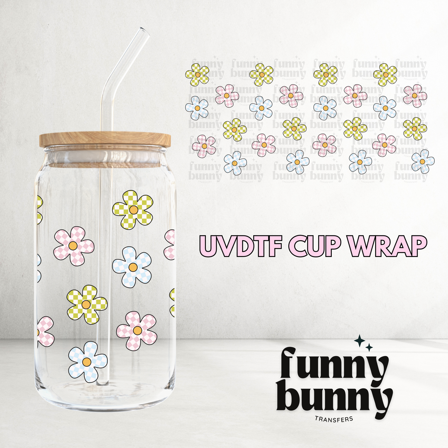 Checkered Flowers - 16oz UVDTF Cup Wrap