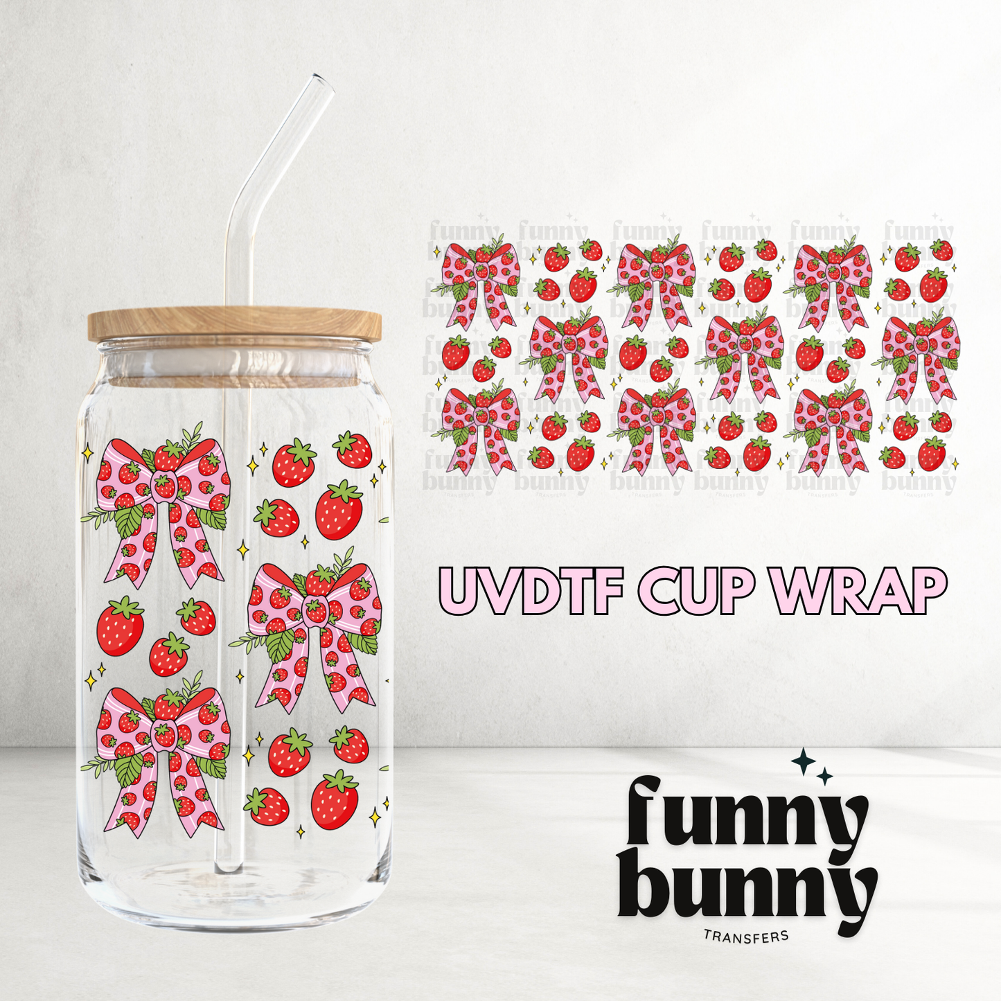 Coquette Strawberry Bows - 16oz UVDTF Cup Wrap