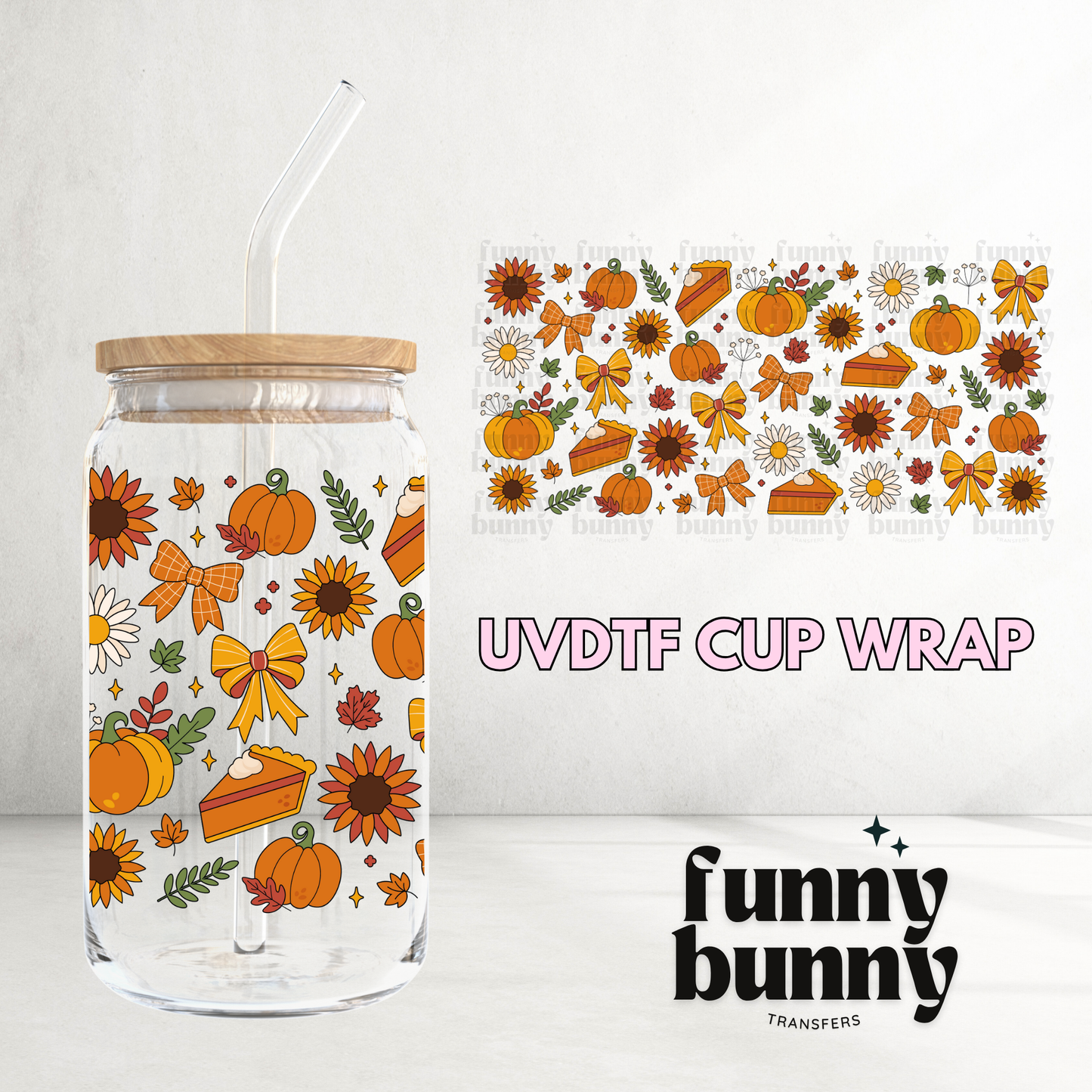 Fall Pumpkin Bows - 16oz UVDTF Cup Wrap