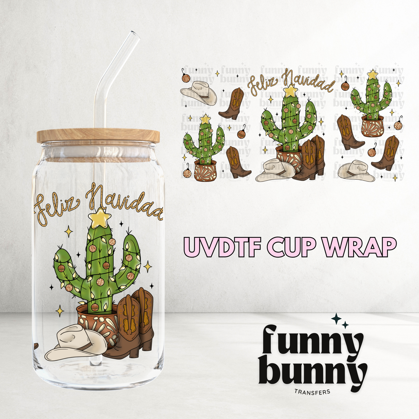 Feliz Navidad Cactus - 16oz UVDTF Cup Wrap