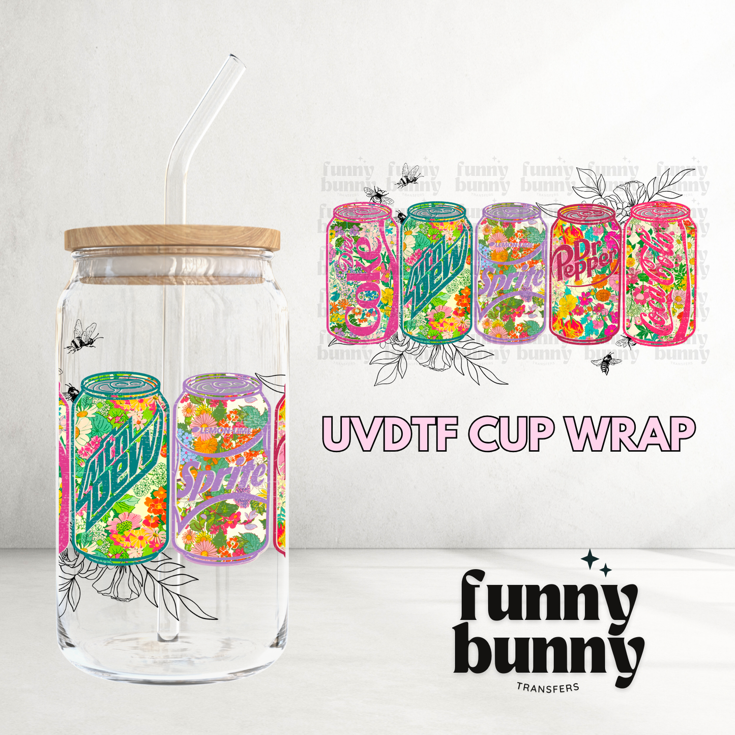 Floral Soda Cans - 16oz UVDTF Cup Wrap