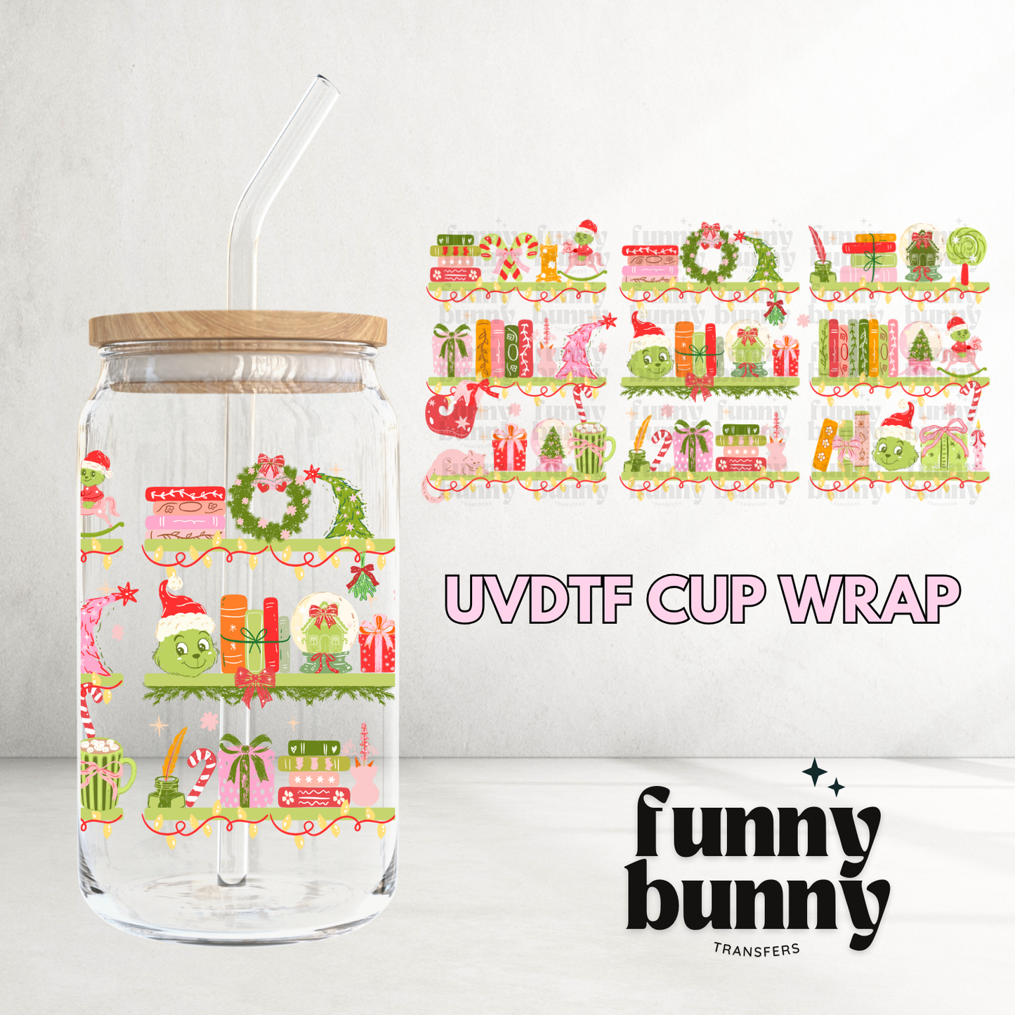 Grinchy Bookshelf - 16oz UVDTF Cup Wrap