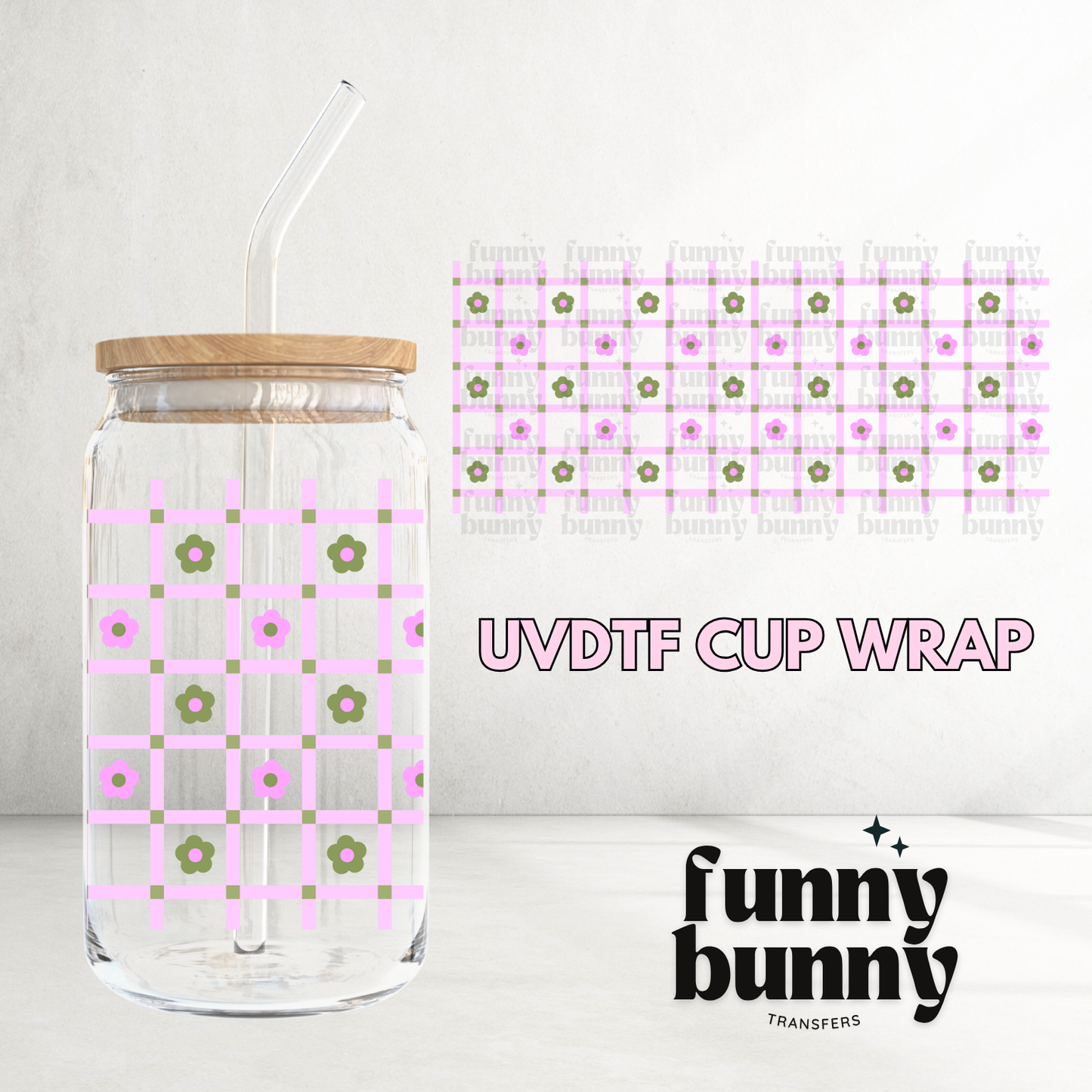 Lavender Checkered Flower Pattern - 16oz UVDTF Cup Wrap