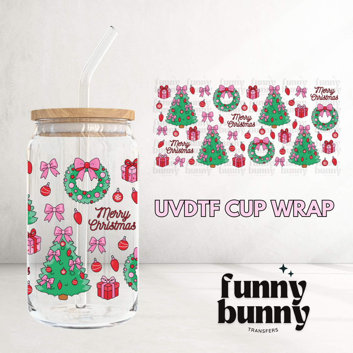 Merry Pink Xmas Trees - 16oz UVDTF Cup Wrap