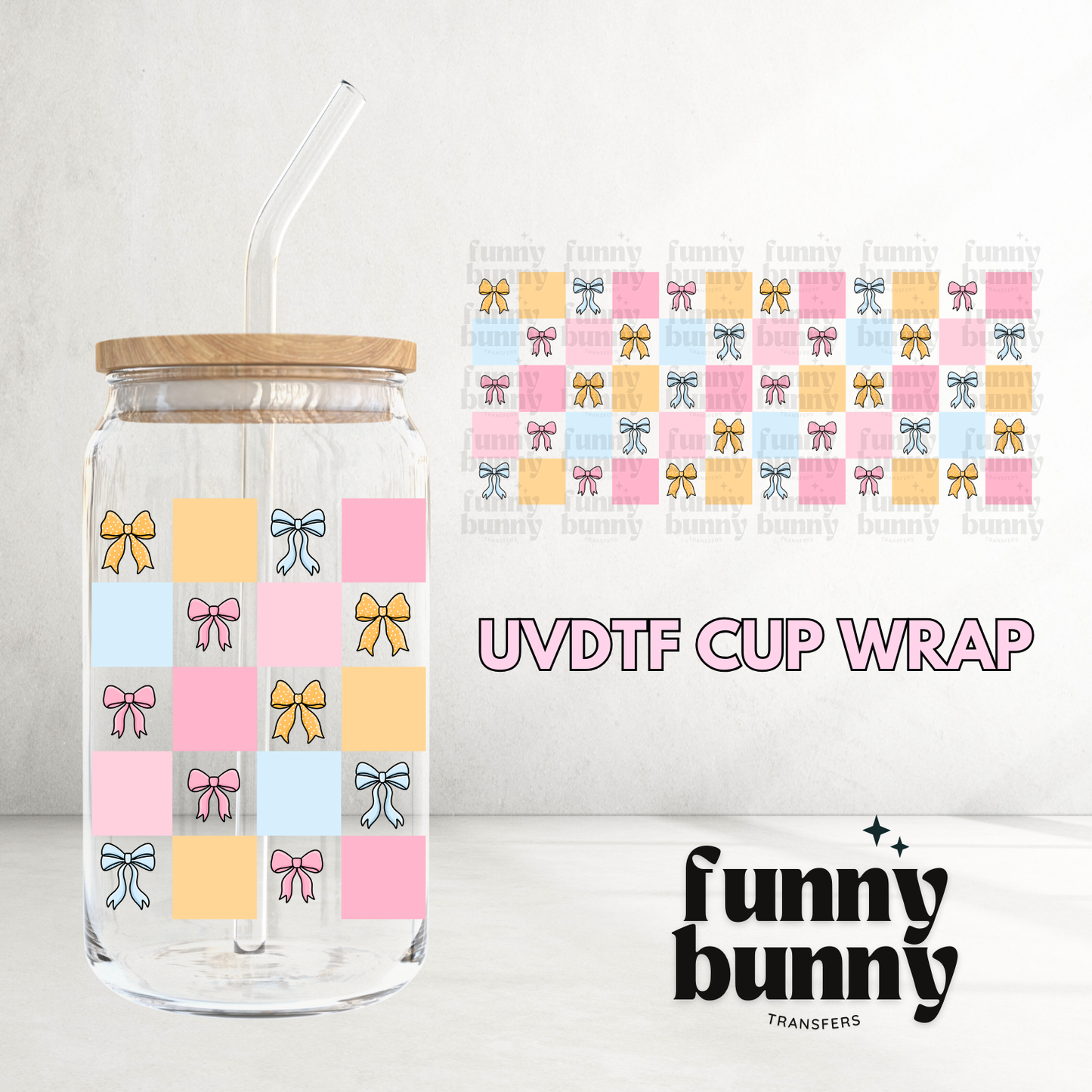 Pastel Checkered Bows - 16oz UVDTF Cup Wrap