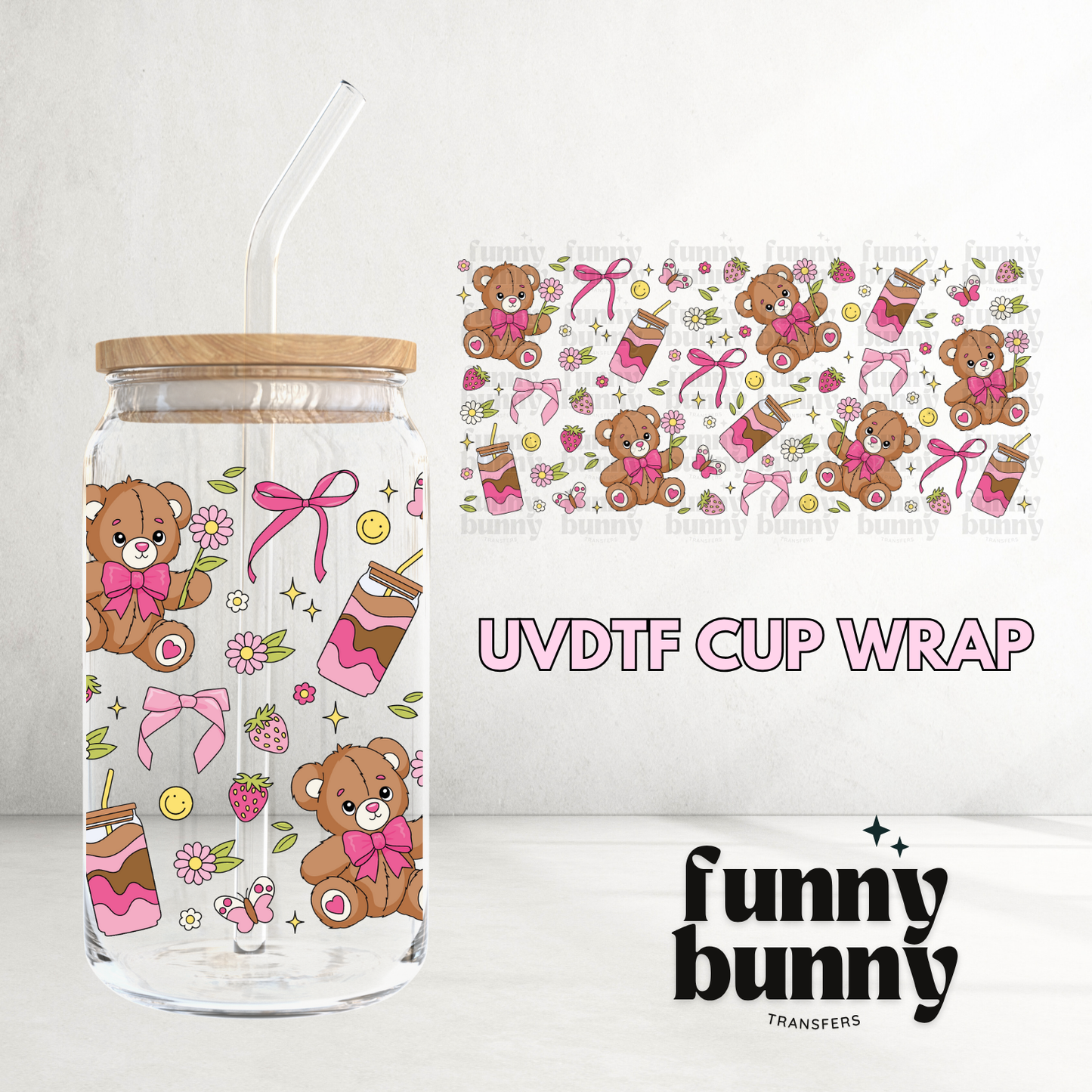 Pink Beary Latte - 16oz UVDTF Cup Wrap