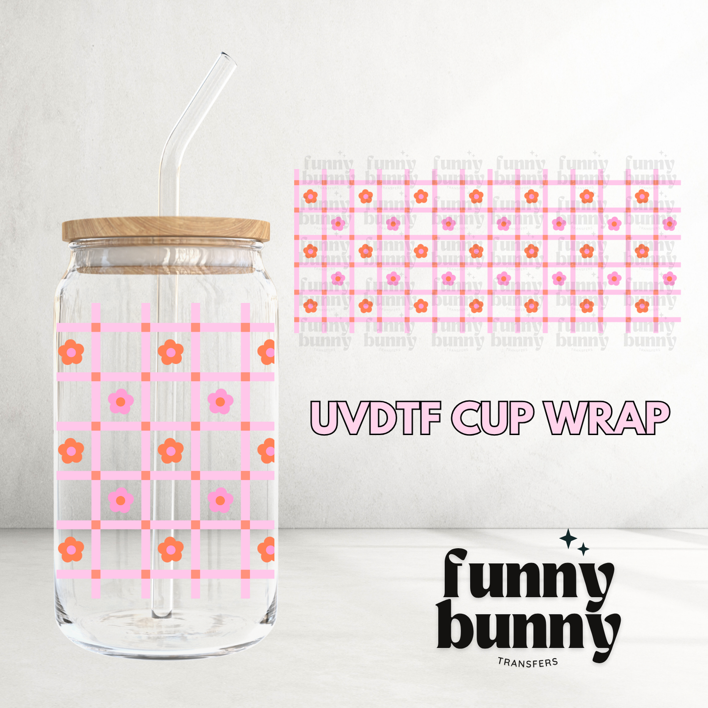 Pink Checkered Flower Pattern - 16oz UVDTF Cup Wrap