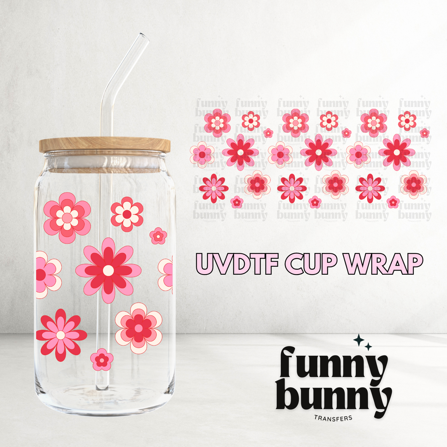 Pink Retro Spring Flowers - 16oz UVDTF Cup Wrap