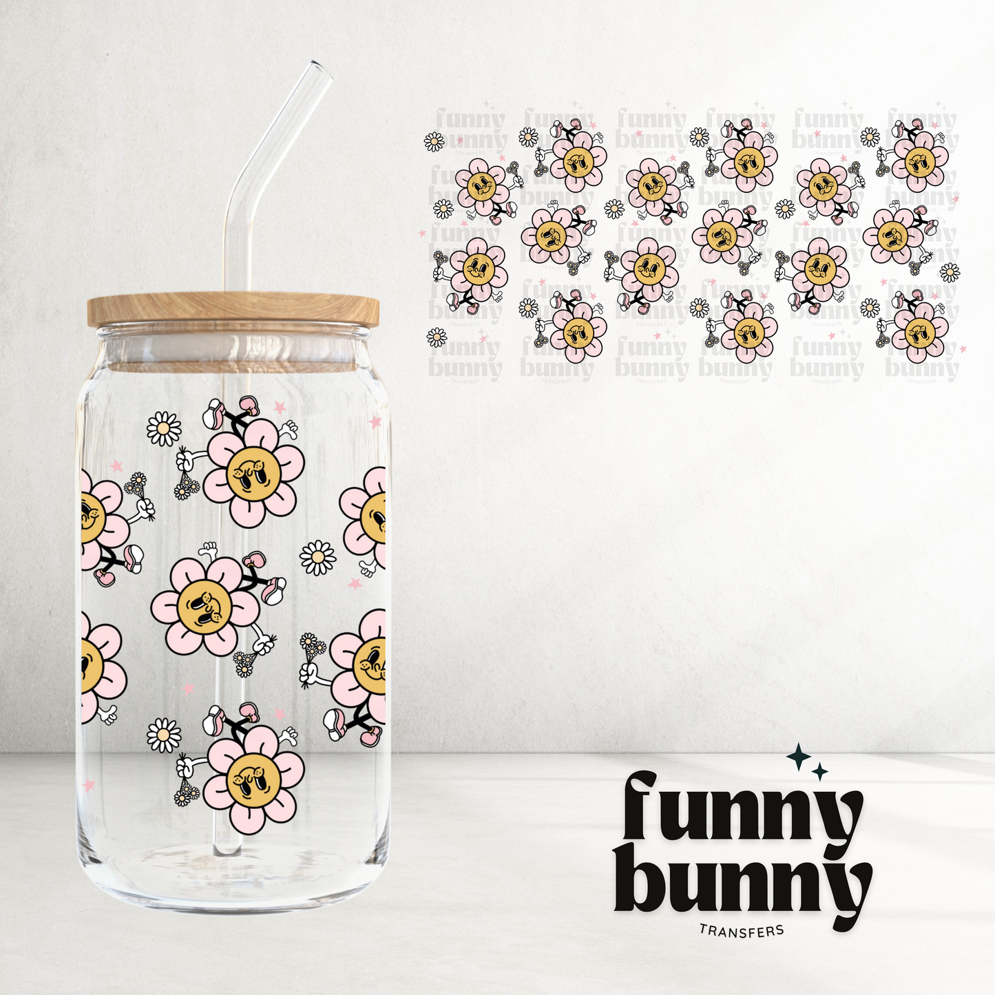 Pink Smiley Flowers - 16oz UVDTF Cup Wrap