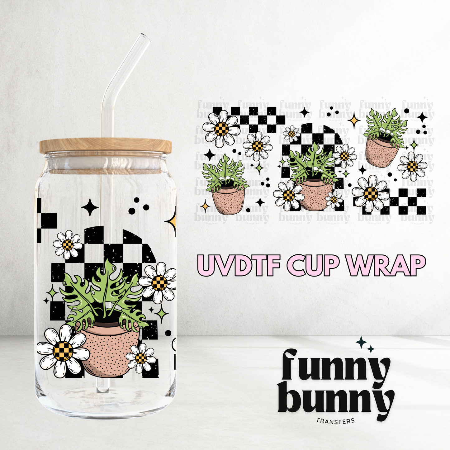Retro Checkered Plants - 16oz UVDTF Cup Wrap