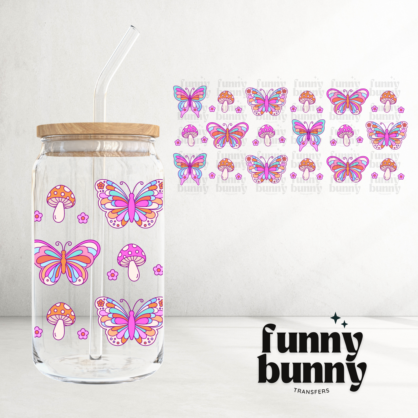 Retro Colorful Butterfly Mushrooms - 16oz UVDTF Cup Wrap