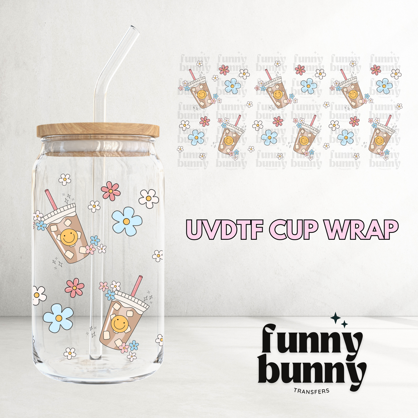 Retro Iced Coffee Girly Smiley - 16oz UVDTF Cup Wrap