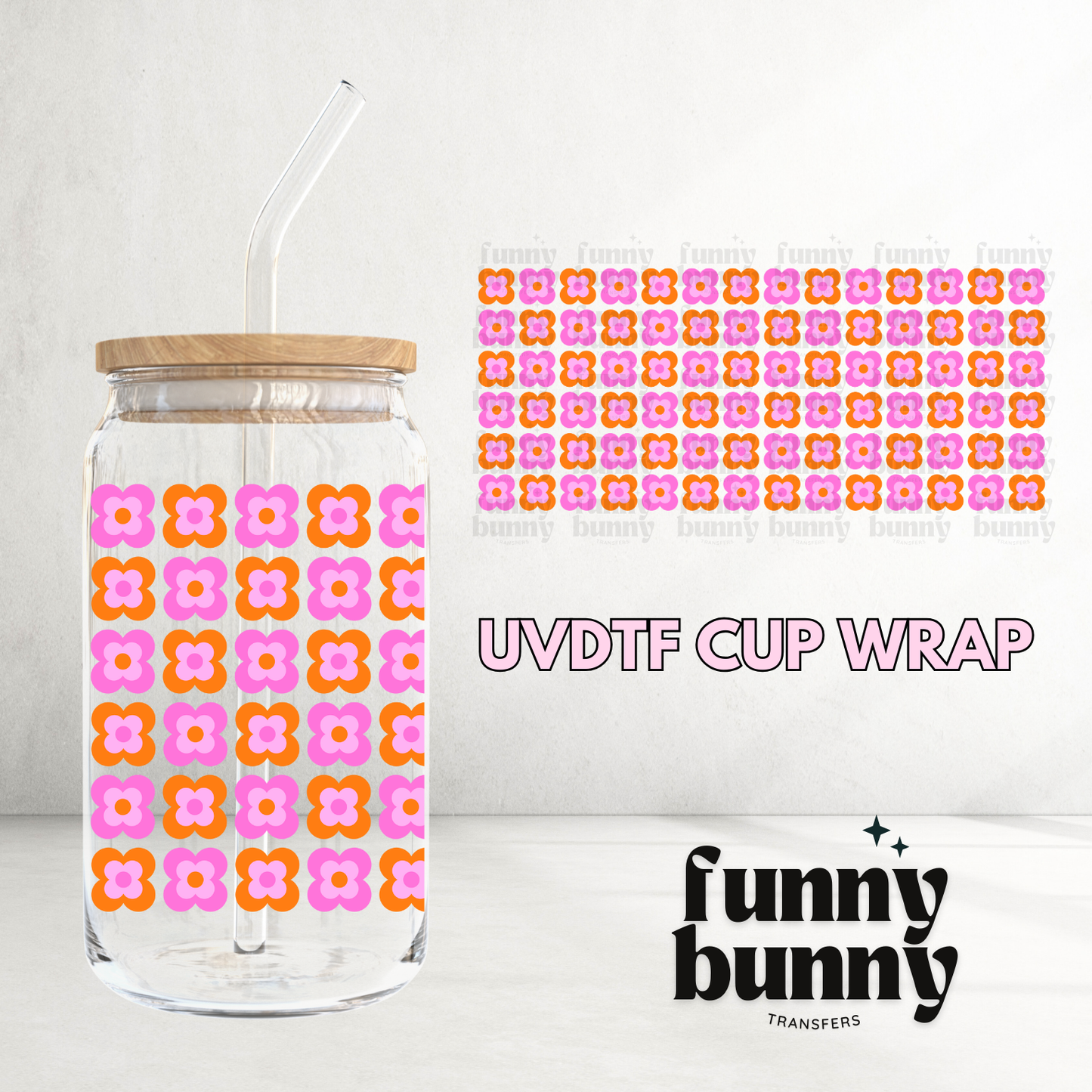 Retro Pink Floral Pattern - 16oz UVDTF Cup Wrap