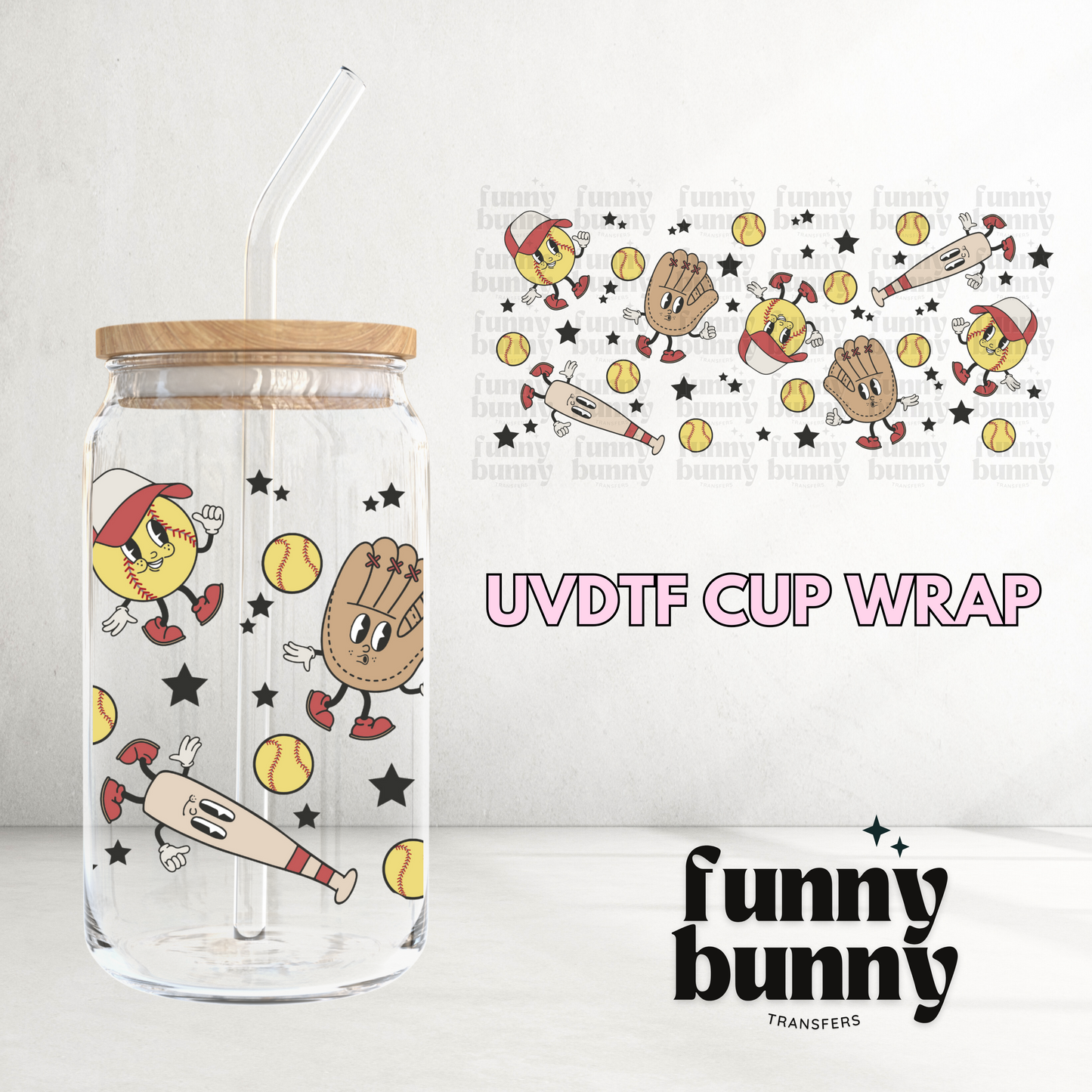 Retro Softball Star - 16oz UVDTF Cup Wrap