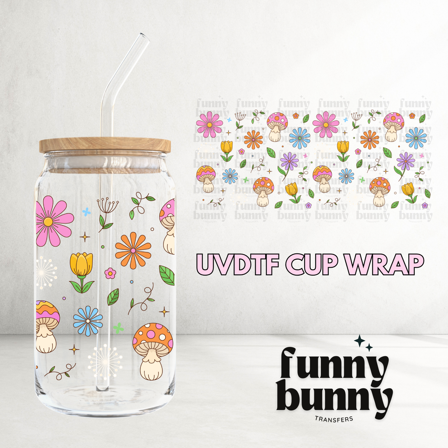 Retro Spring Doodle Mushies - 16oz UVDTF Cup Wrap