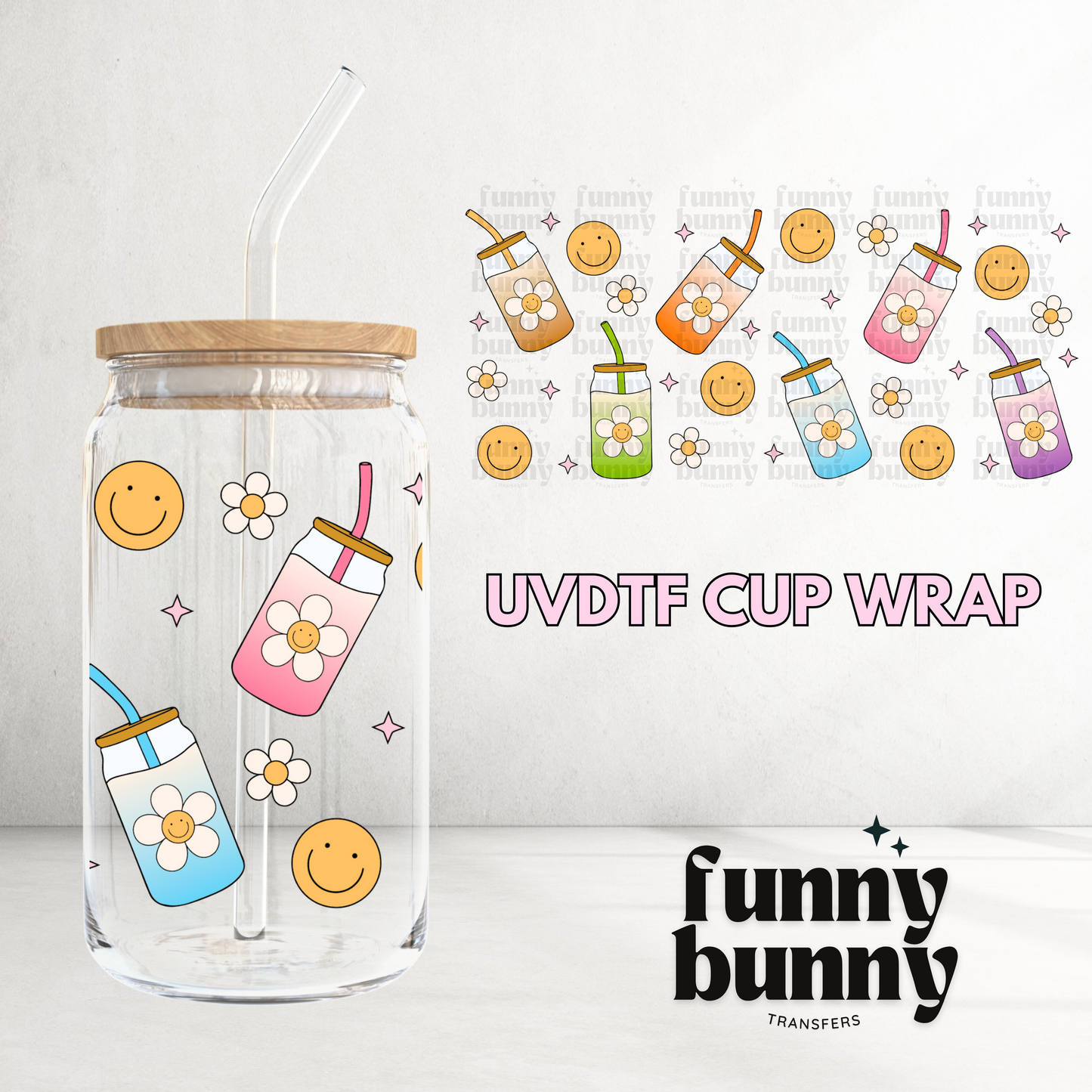 Smiley Caffeinated & Happy - 16oz UVDTF Cup Wrap