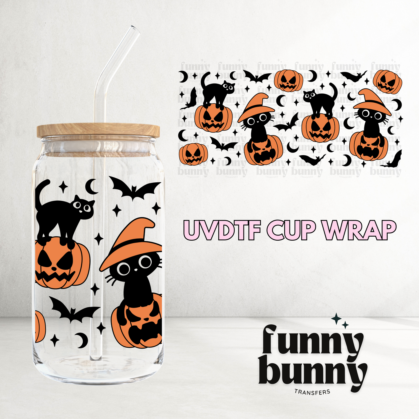 Spooky Black Cat Pumpkin - 16oz UVDTF Cup Wrap