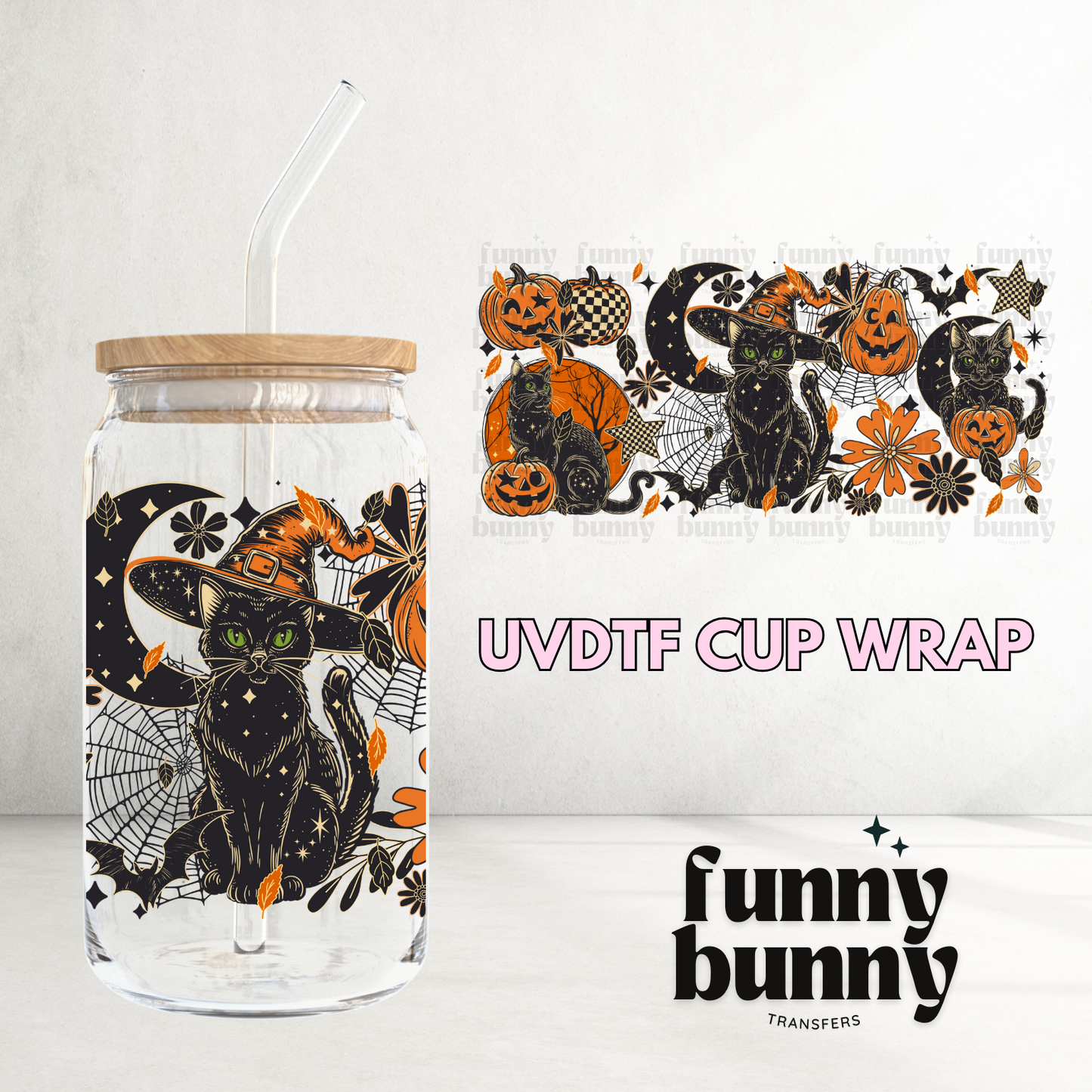 Spooky Black Cat - 16oz UVDTF Cup Wrap