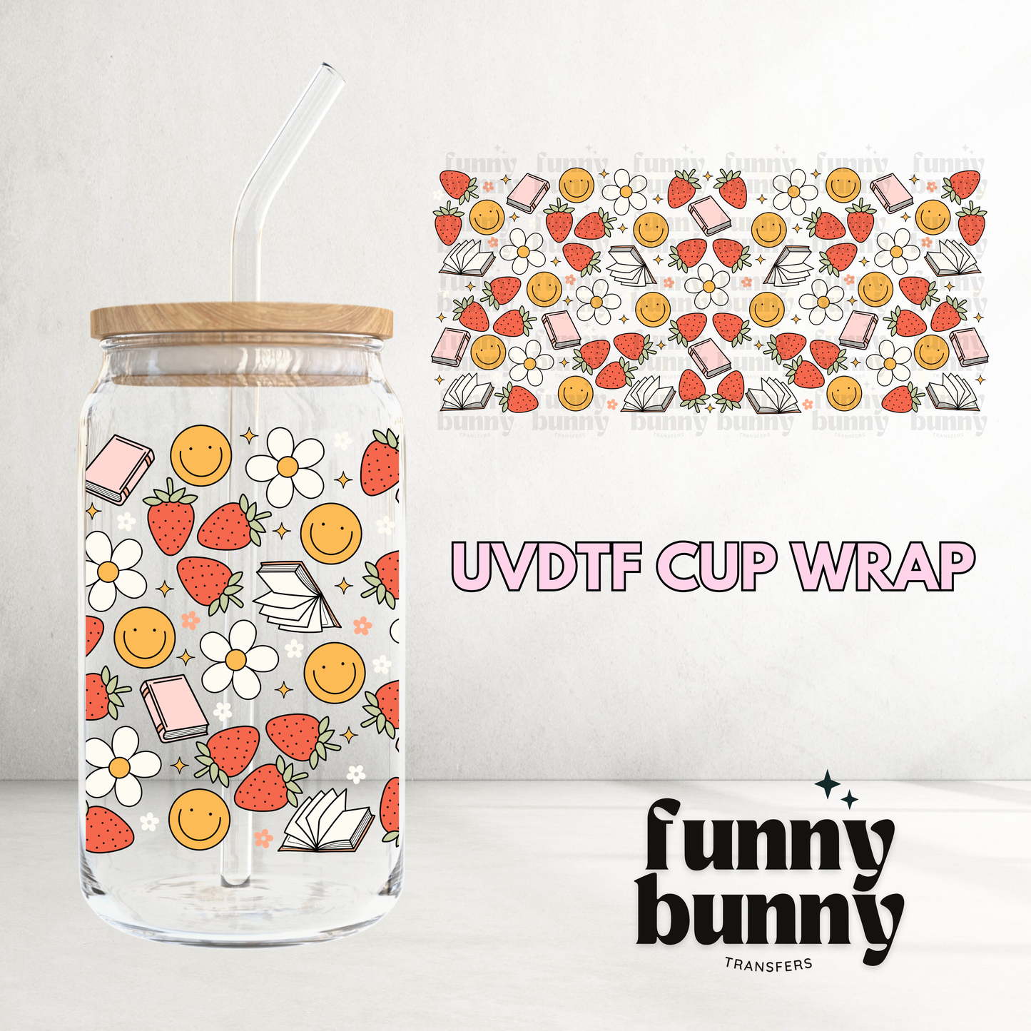 Strawberries Books - 16oz UVDTF Cup Wrap