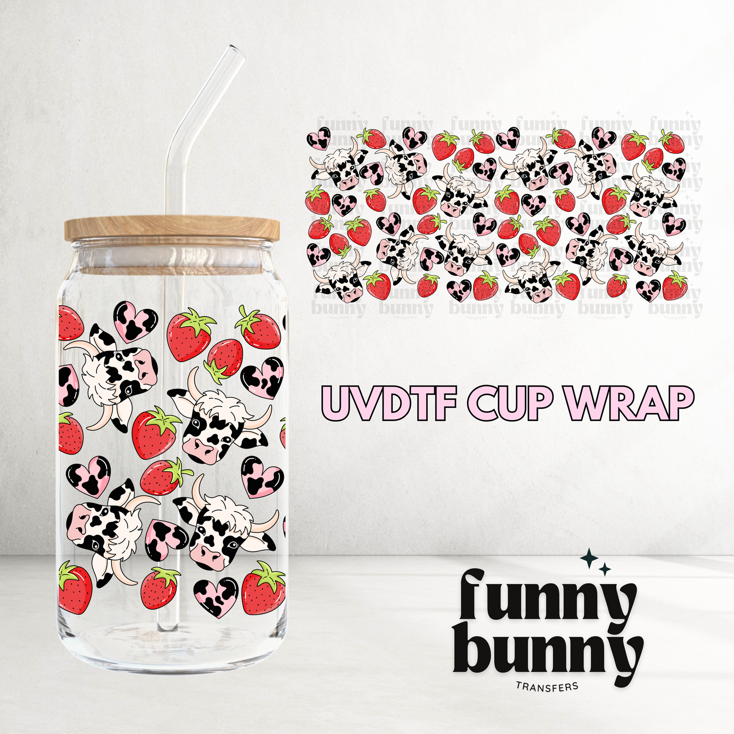 Strawberry Cow - 16oz UVDTF Cup Wrap