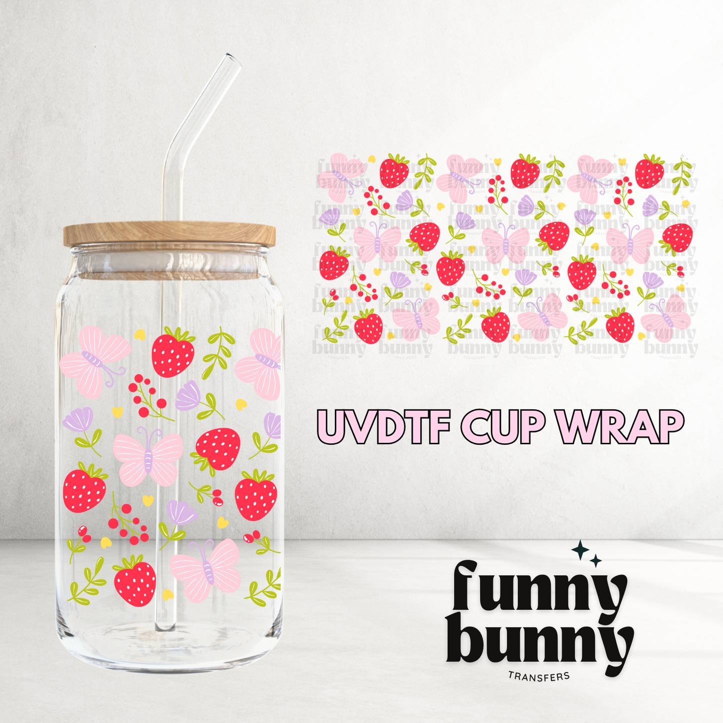Strawberry Spring Butterflies - 16oz UVDTF Cup Wrap