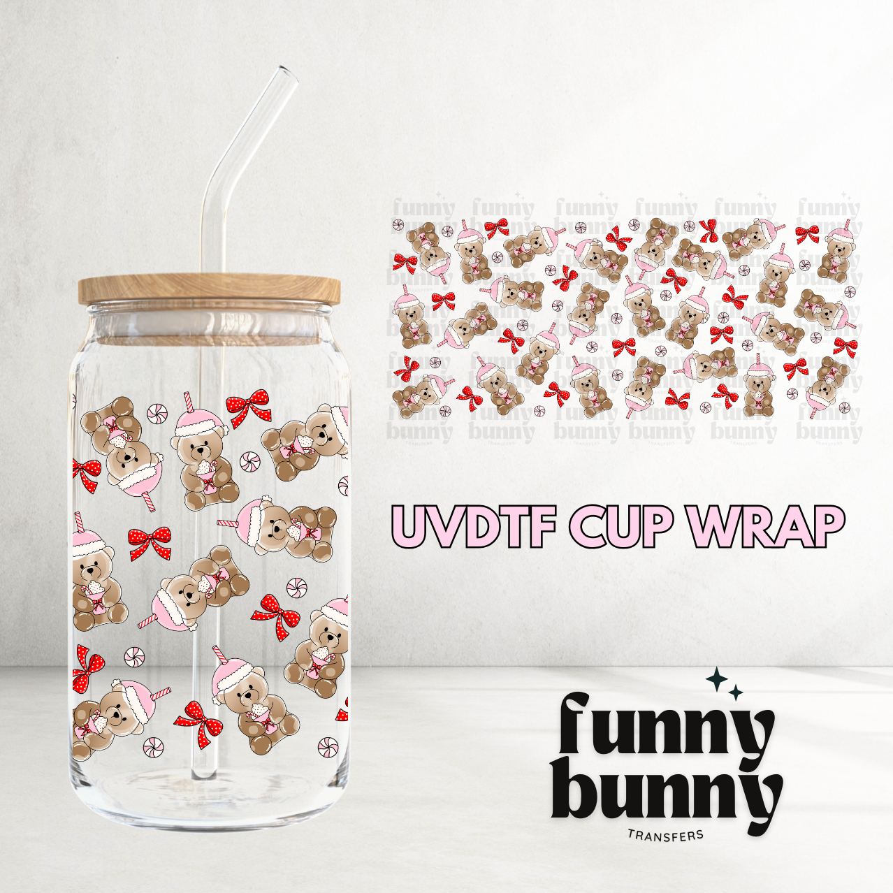 Xmas Pink Bear Latte - 16oz UVDTF Cup Wrap