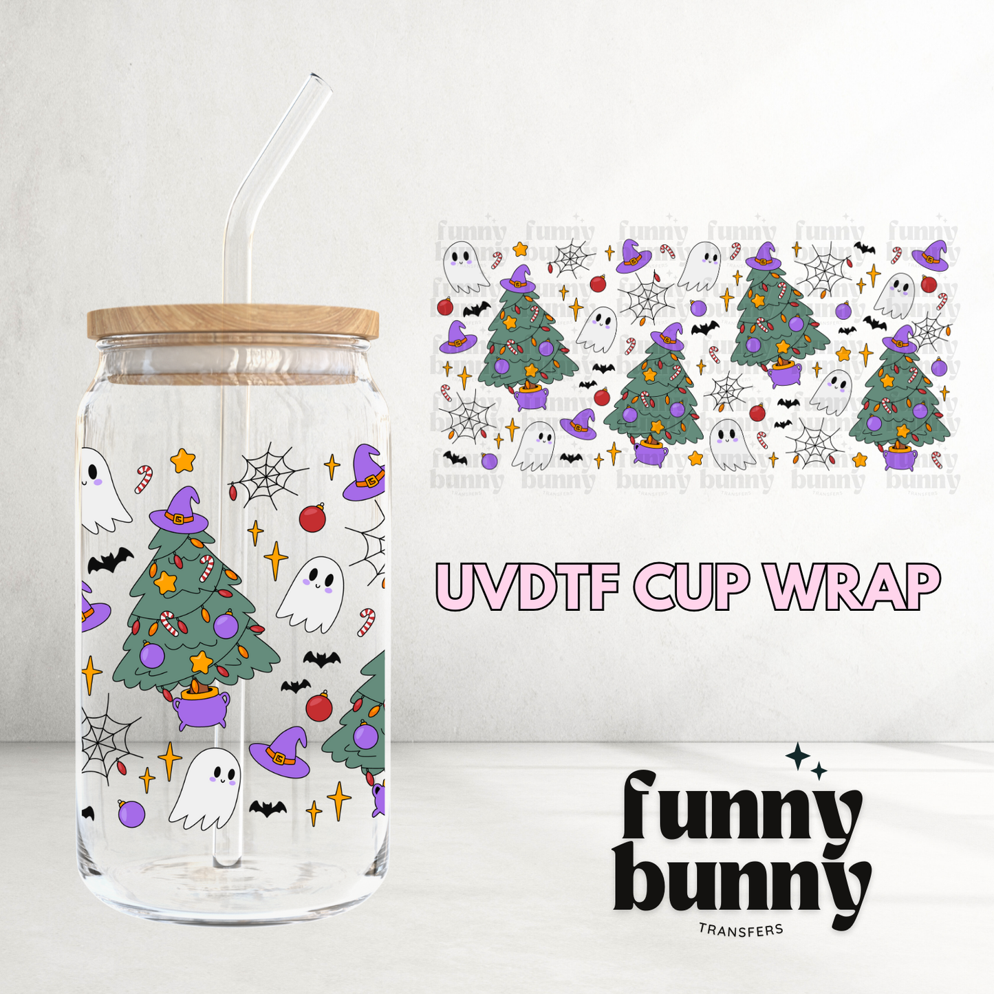 Xmas Tree And Ghosts - 16oz UVDTF Cup Wrap