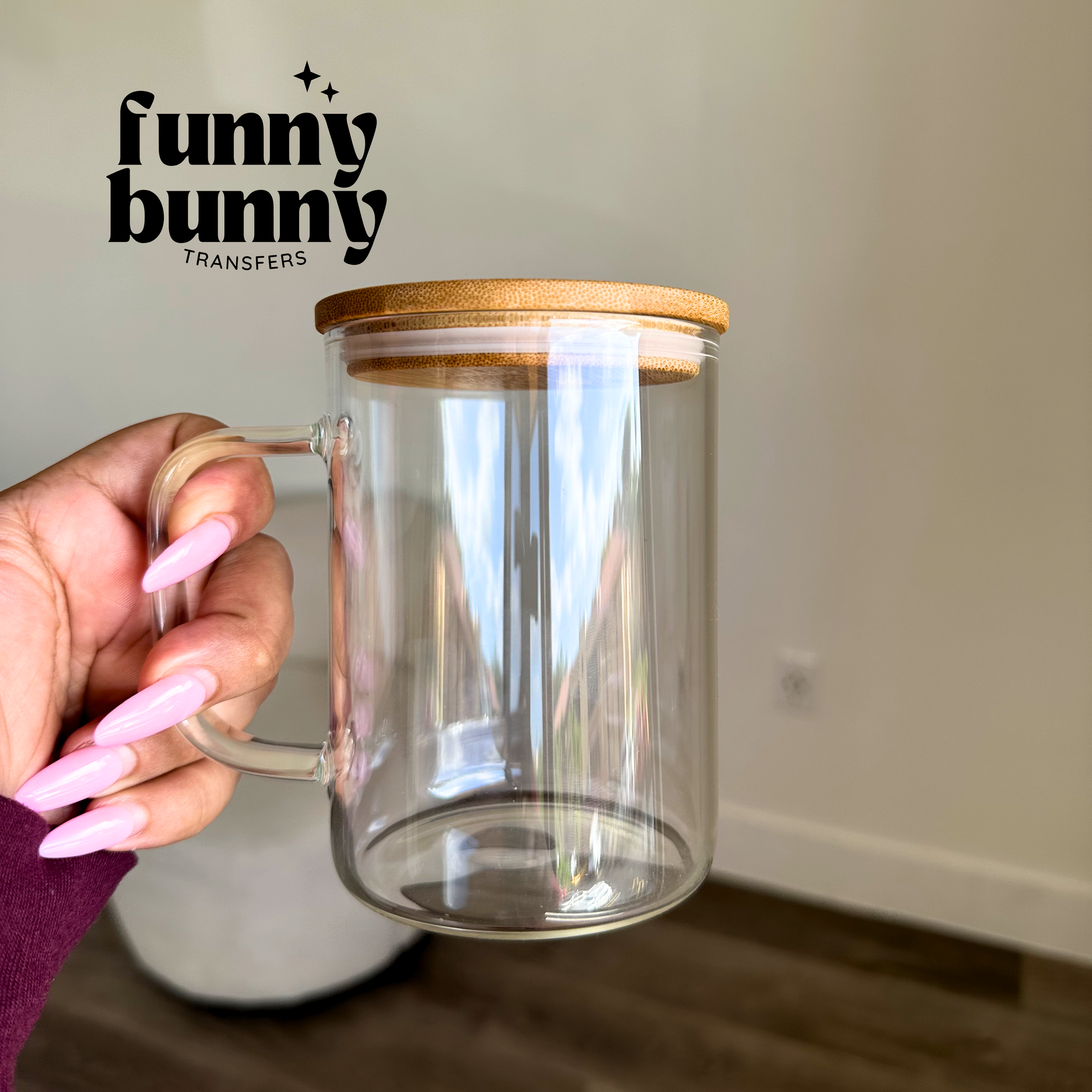 17oz Clear Glass Mugs Bamboo Lid – Funny Bunny Transfers