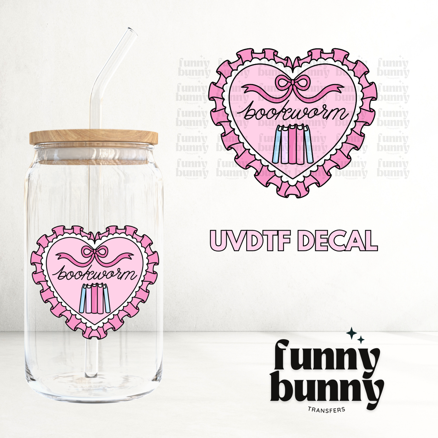 Bookworm Pink Hearts  - UVDTF Decal