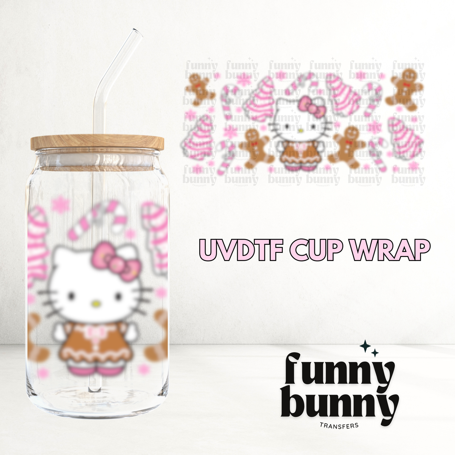 Candy Cane Kitty - 16oz UVDTF Cup Wrap