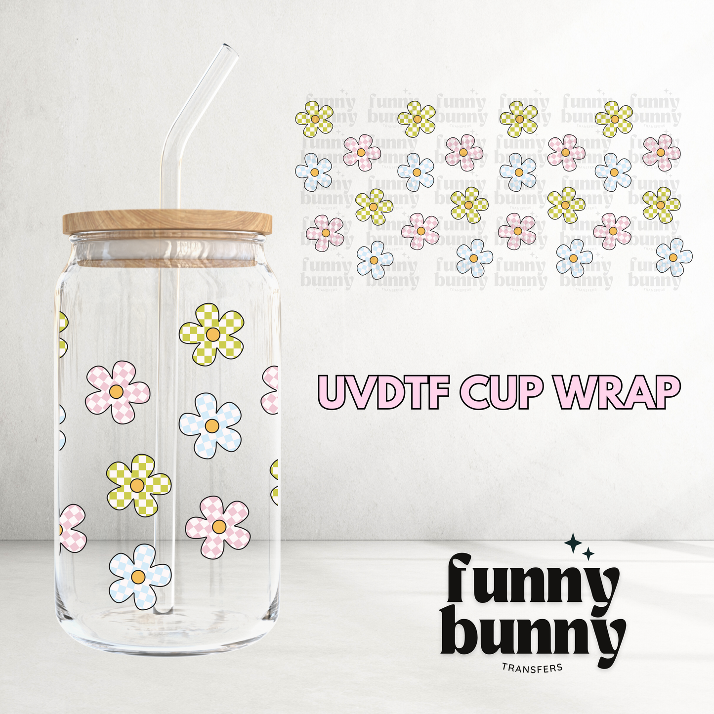 Checkered Flowers  -  16oz UVDTF Cup Wrap