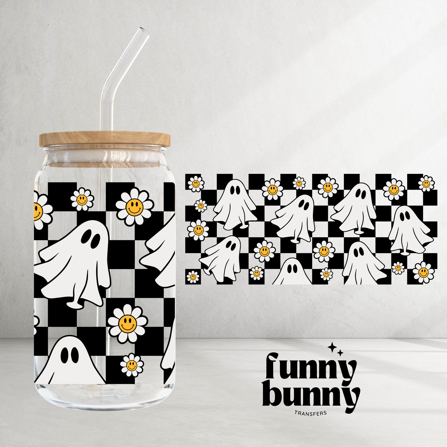 Checkered Ghost Flowers - 16oz UVDTF Cup Wrap