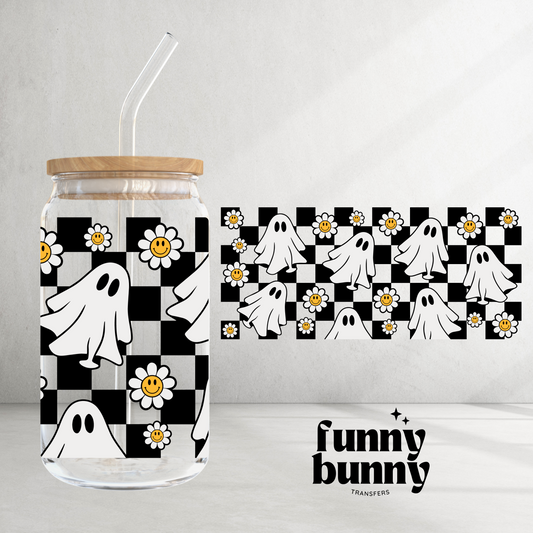 Checkered Ghost Flowers - 16oz UVDTF Cup Wrap