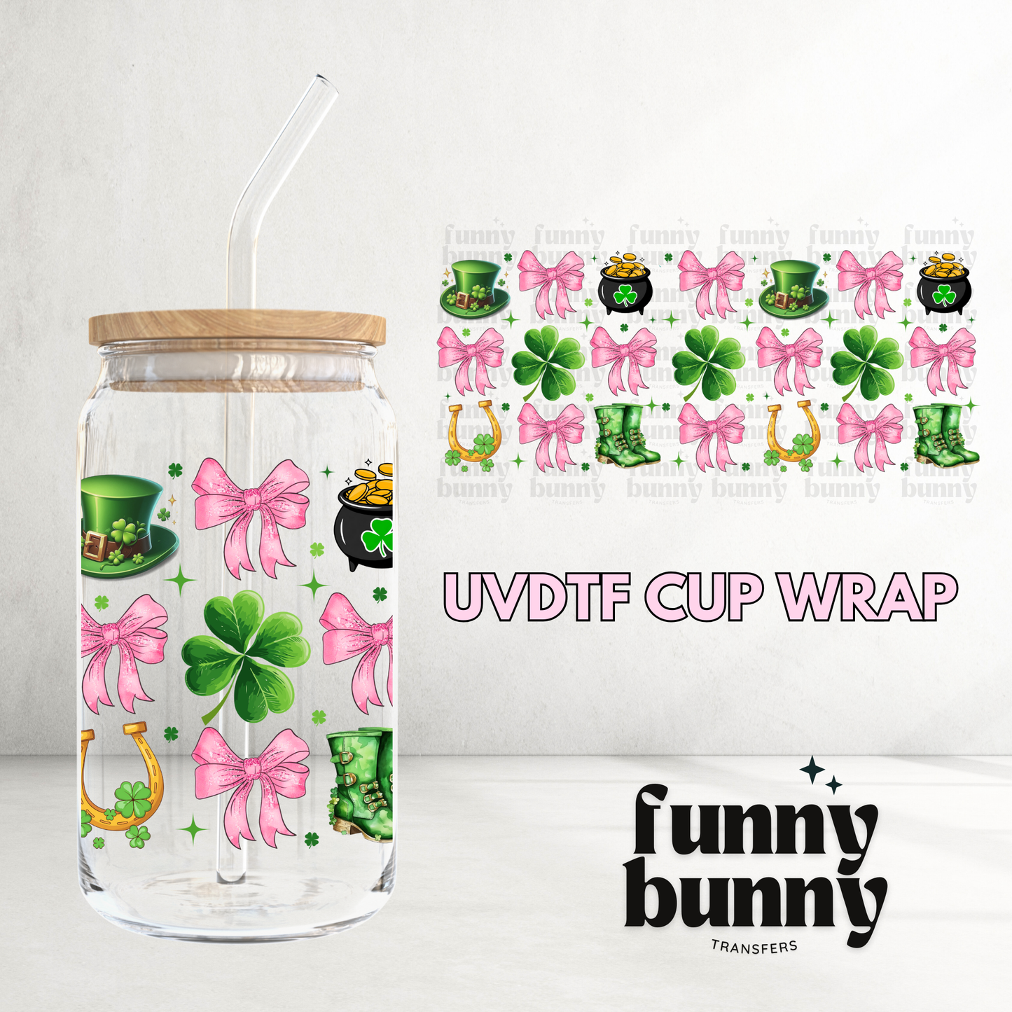 Clover Leafs & Pink Bows - 16oz UVDTF Cup Wrap