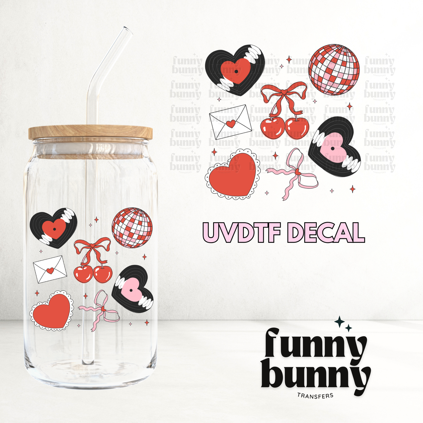 Coquette Cherry Disco Hearts - UVDTF Decal