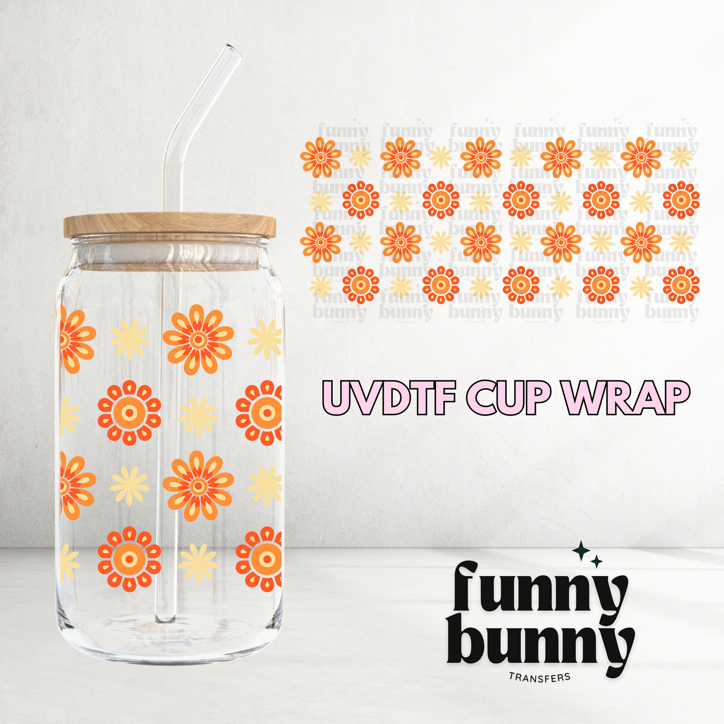 Cute Orange Flowers - 16oz UVDTF Cup Wrap