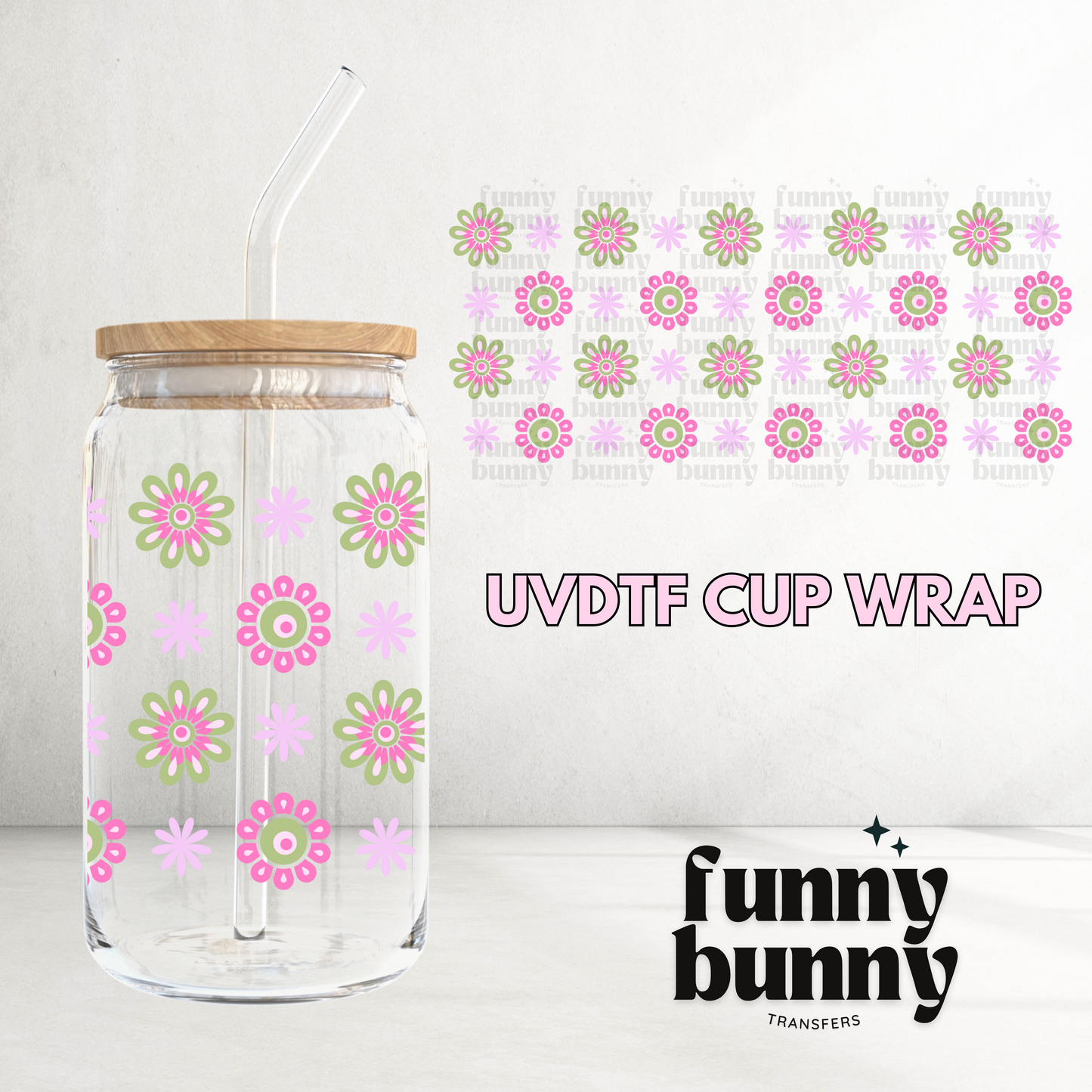 Cute Pink Green Flowers - 16oz UVDTF Cup Wrap