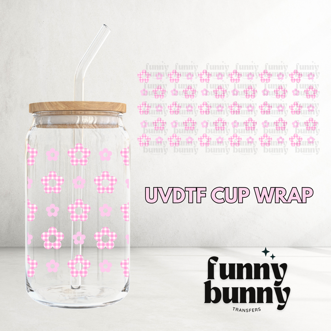 Gingham Pink Flowers - 16oz UVDTF Cup Wrap