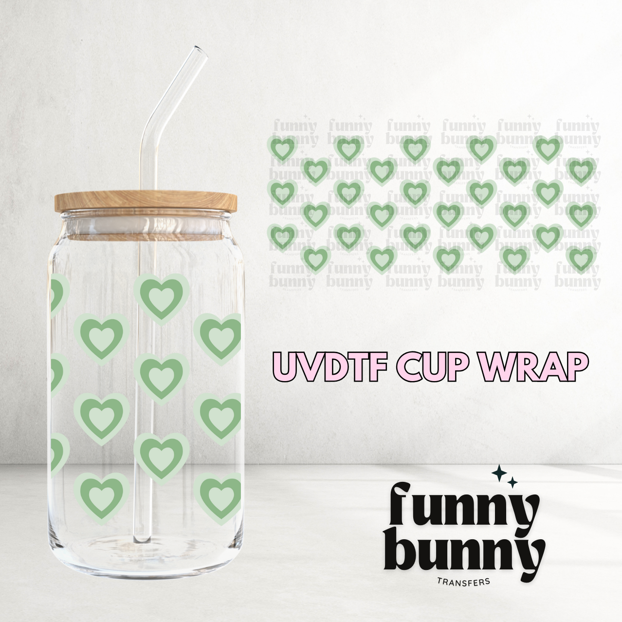 Green Retro Mini Hearts - 16oz UVDTF Cup Wrap