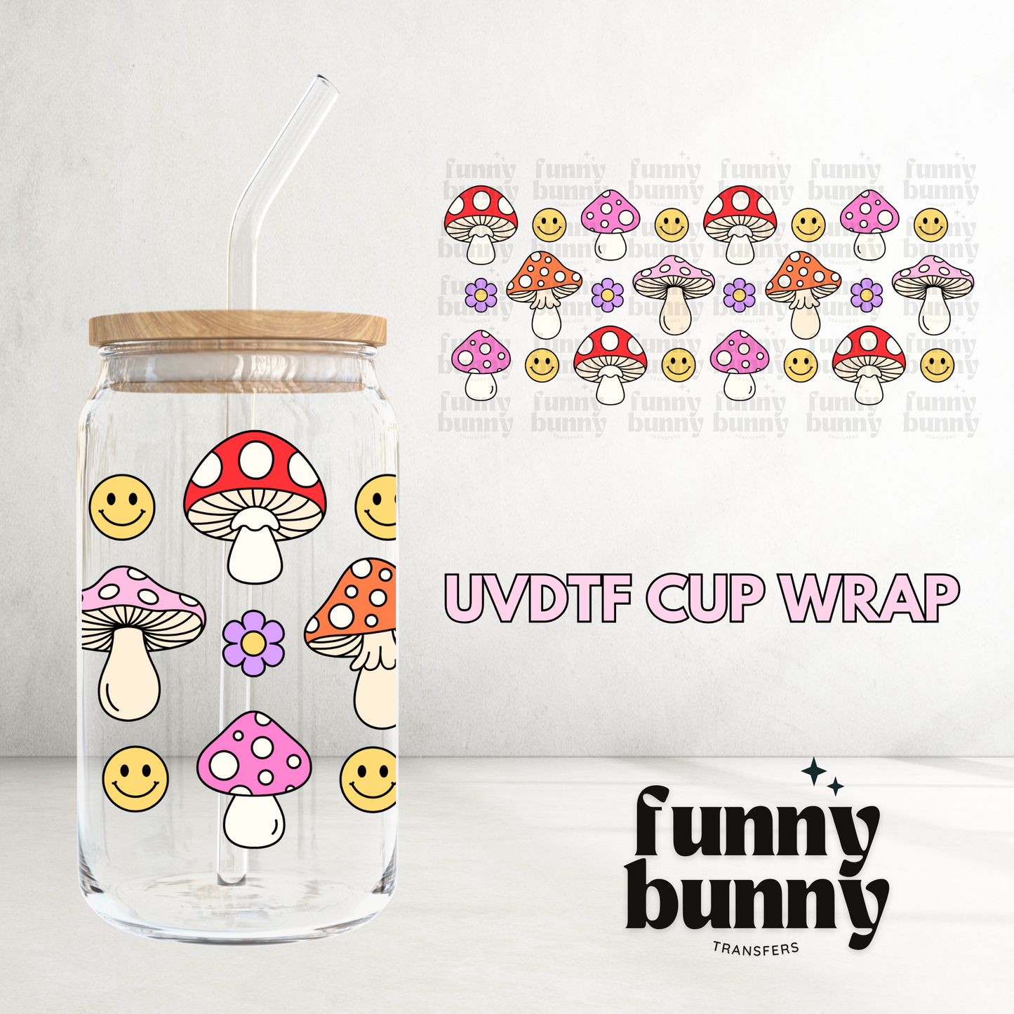 Groovy Smiley Mushies - 16oz UVDTF Cup Wrap