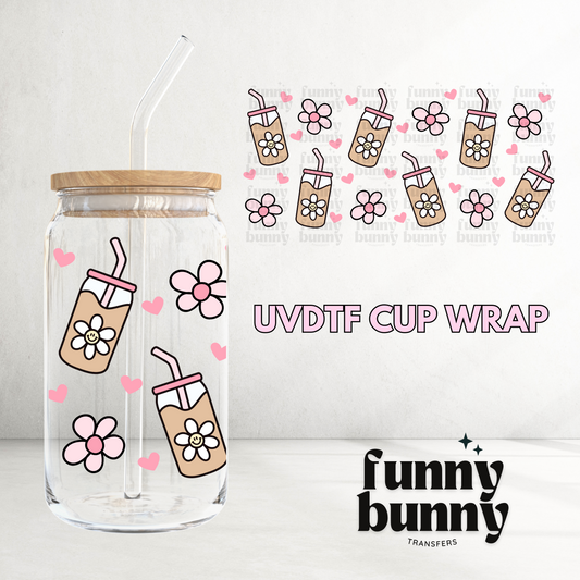 Iced Coffee Pink Hearts - 16oz UVDTF Cup Wrap