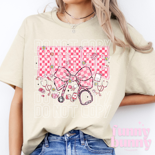 Nurse Pink Checkered Bow- DTF Transfer