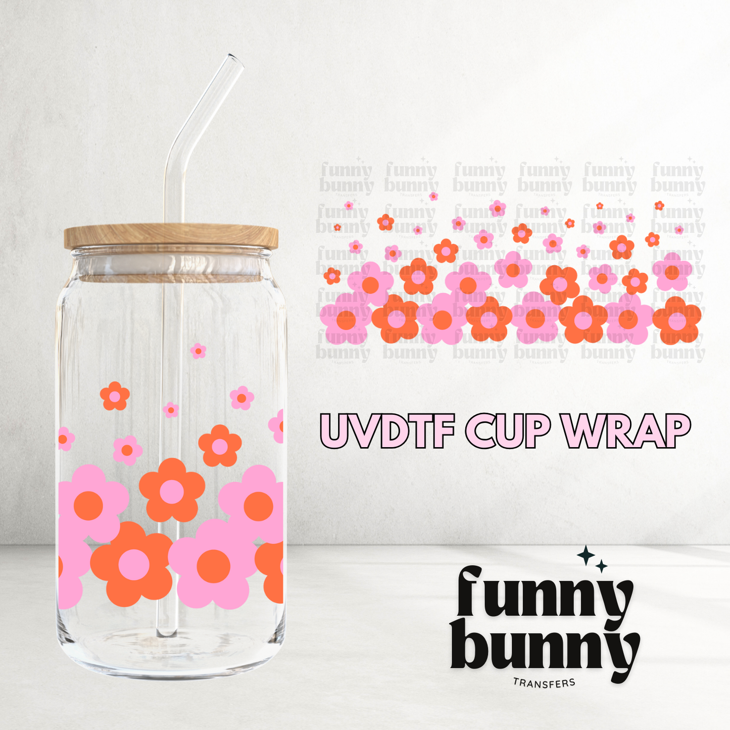 Orange Pink Flowers - 16oz UVDTF Cup Wrap