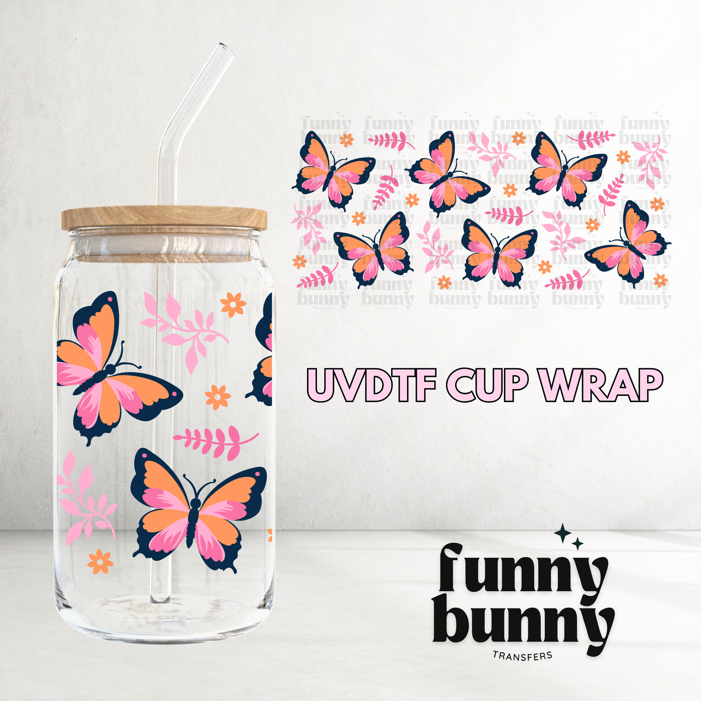 Pink Floral Butterflies - 16oz UVDTF Cup Wrap