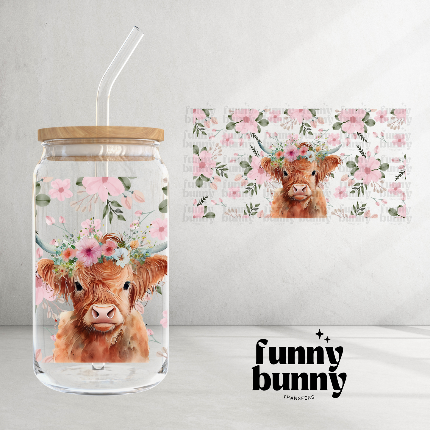 Floral Pink Cow - 16oz UVDTF Cup Wrap