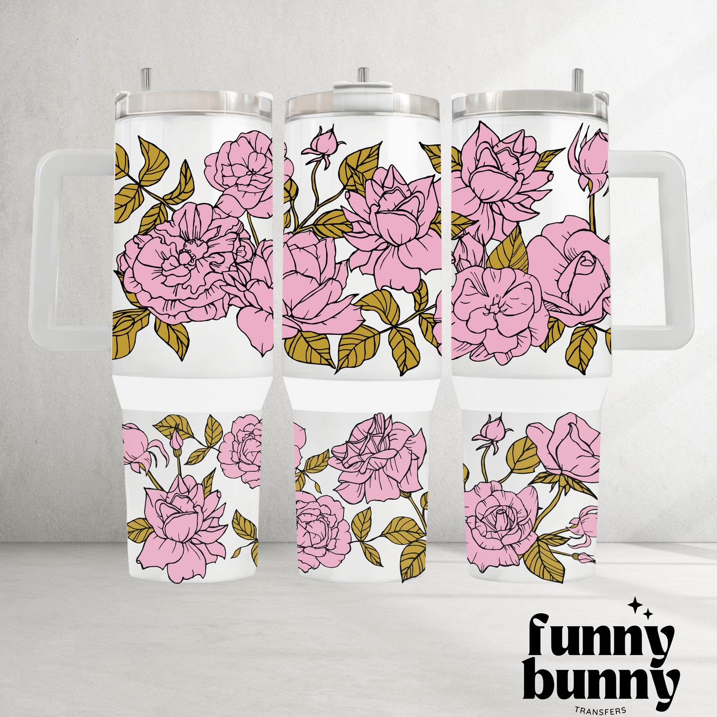 Pink Flowers And  Gold Leaves - 40oz UVDTF Tumbler Wrap