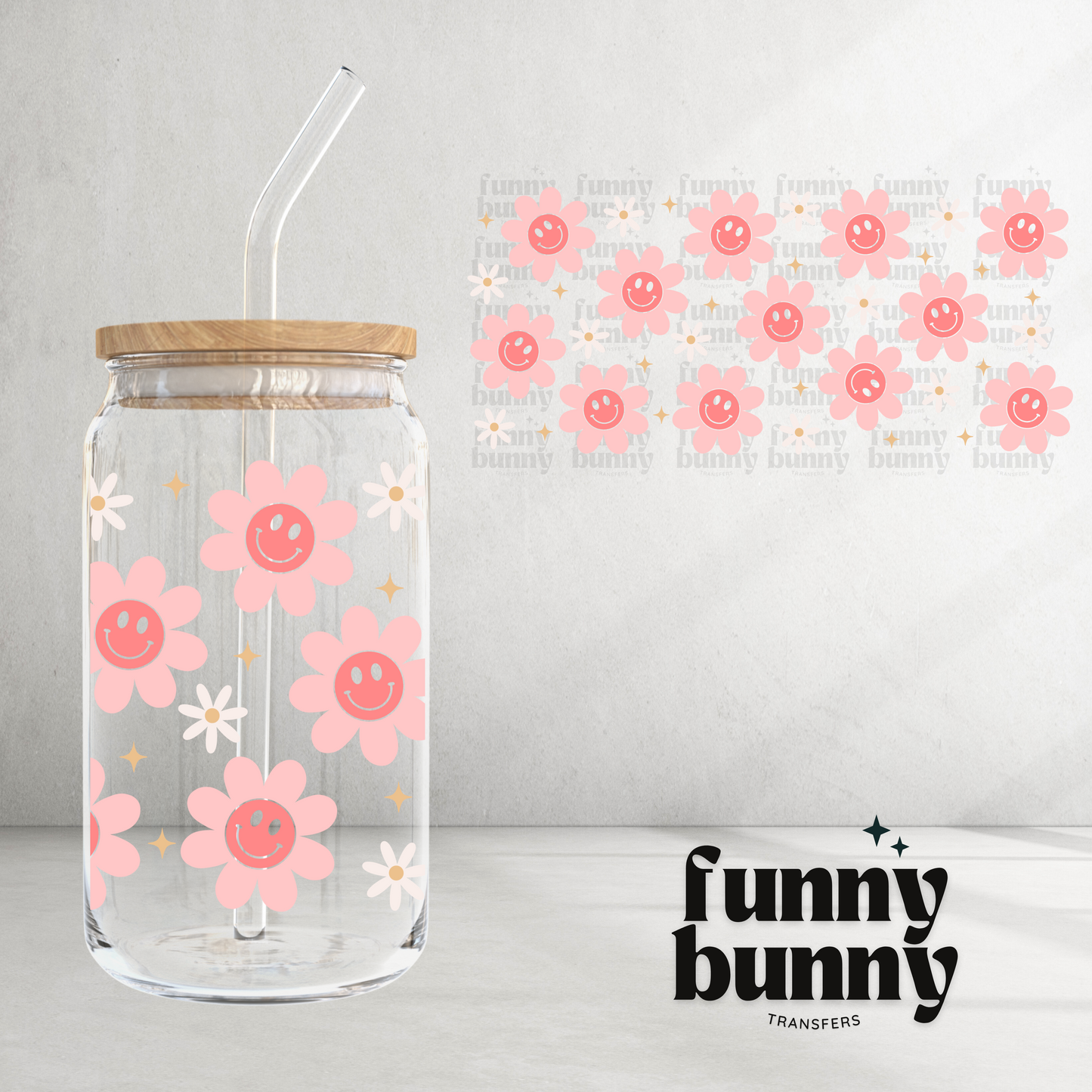 Pink Smiley Daisies - 16oz UVDTF Cup Wrap