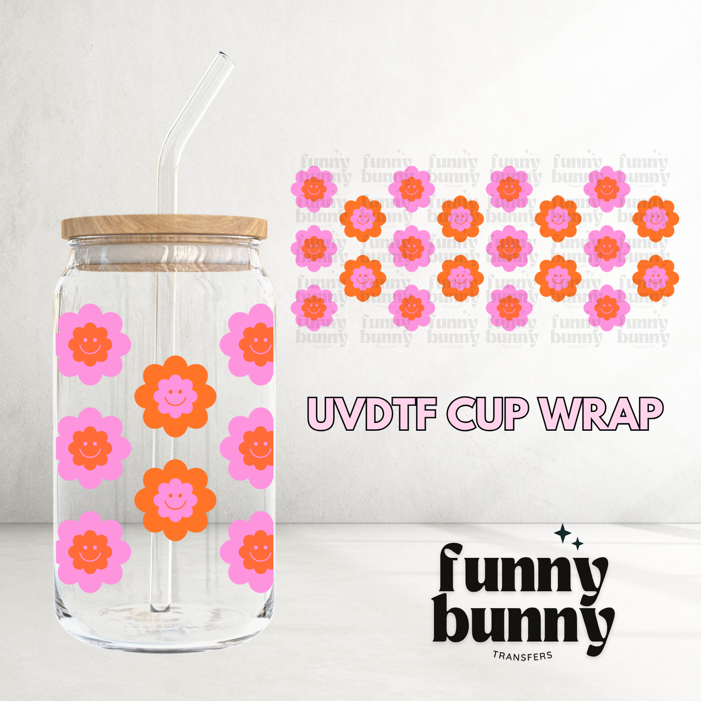 Pink Smiley Retro Flowers 2.0 - 16oz UVDTF Cup Wrap